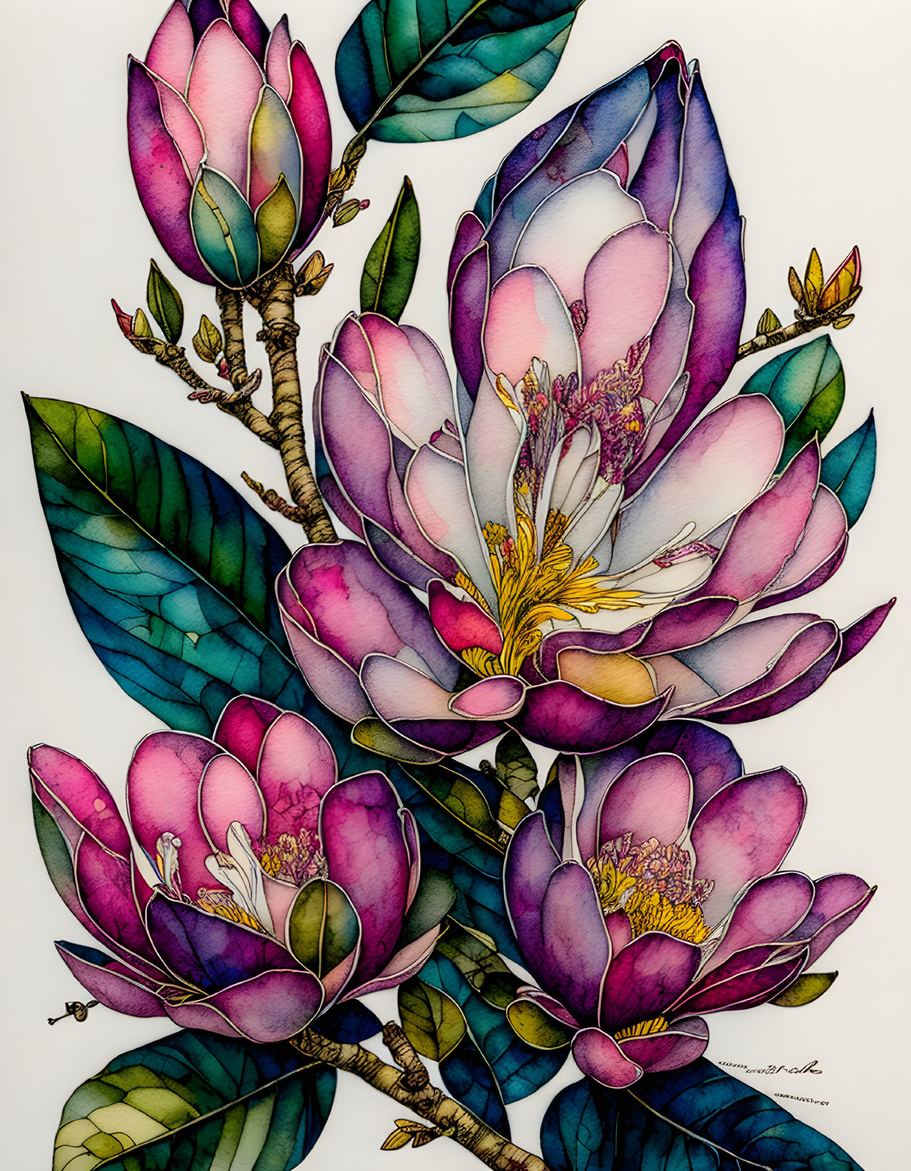 Colorful Magnolia Flower and Leaf Illustration with Stained Glass Style