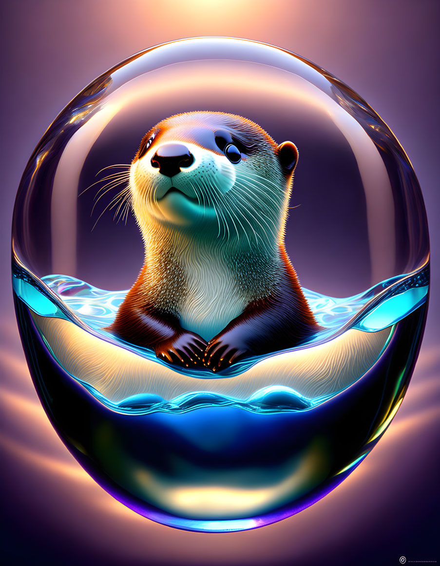 Curious otter in transparent bubble with water on purple background