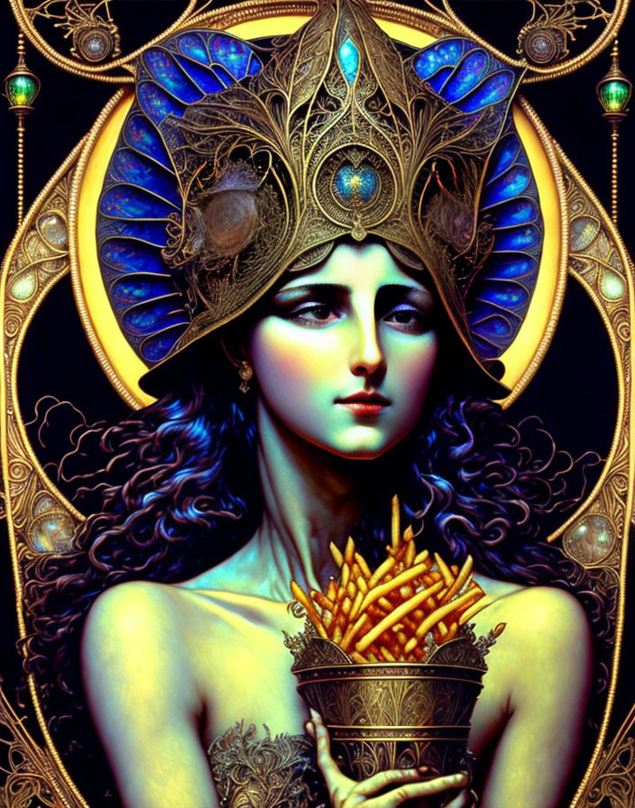 Illustration of woman with peacock feather headdress and golden fries bowl in ornate setting