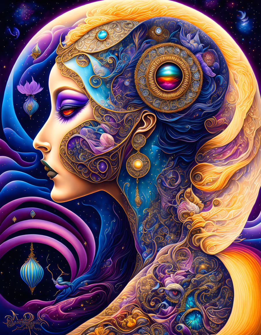 Colorful woman illustration with cosmic motifs on starry backdrop