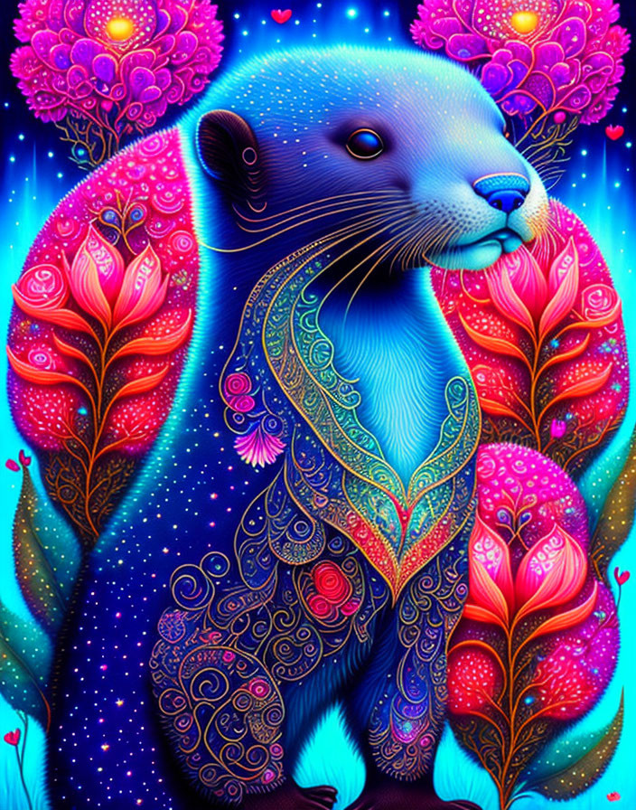 Colorful Otter Illustration with Neon Palette & Psychedelic Flora