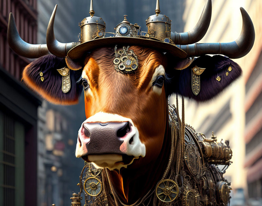 Steampunk-style cow with mechanical enhancements and brass gears in urban setting