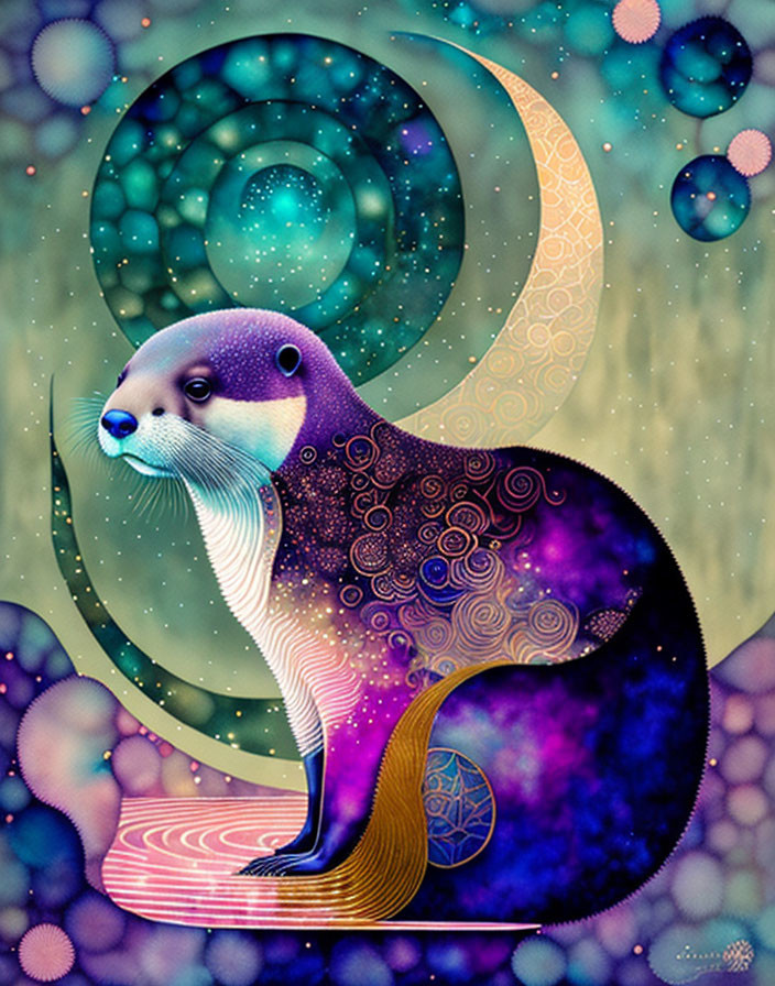 Vibrant otter illustration in cosmic setting