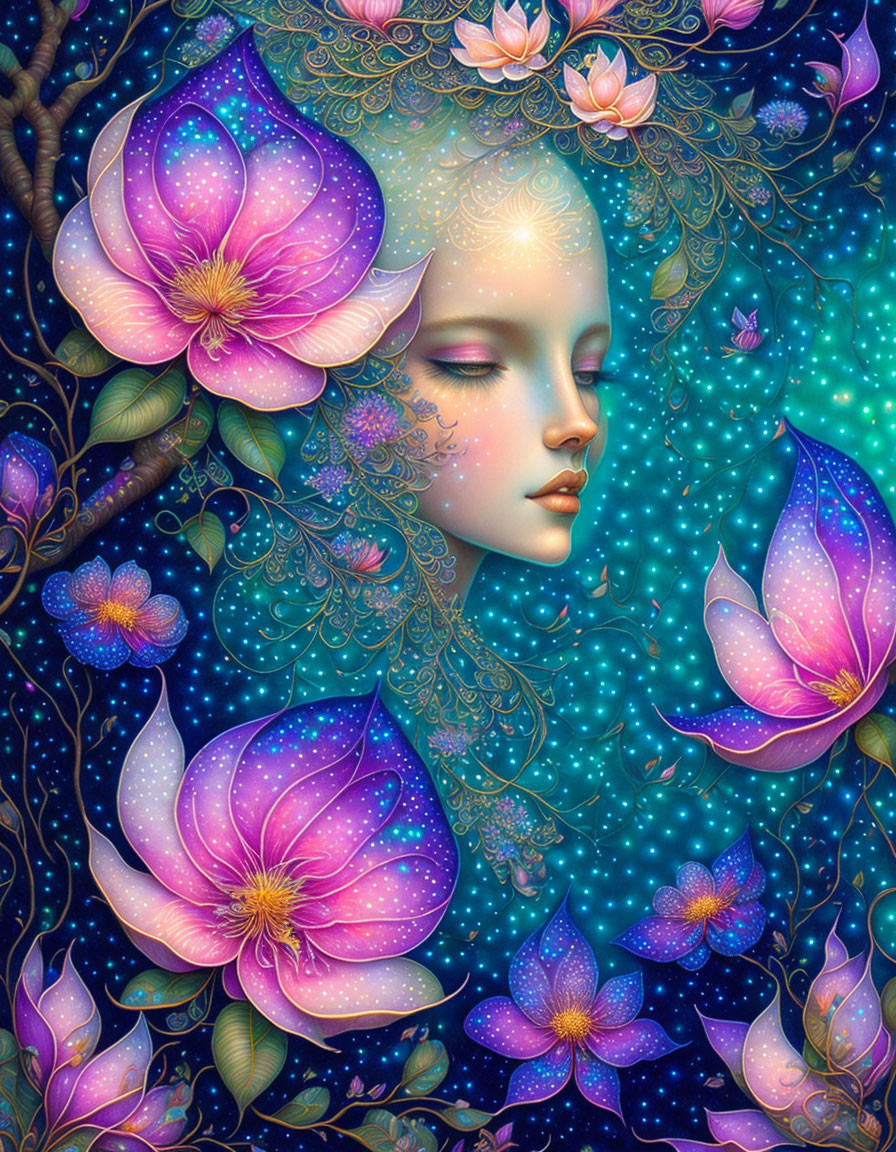 Vibrant woman's face with closed eyes among pink lotus flowers