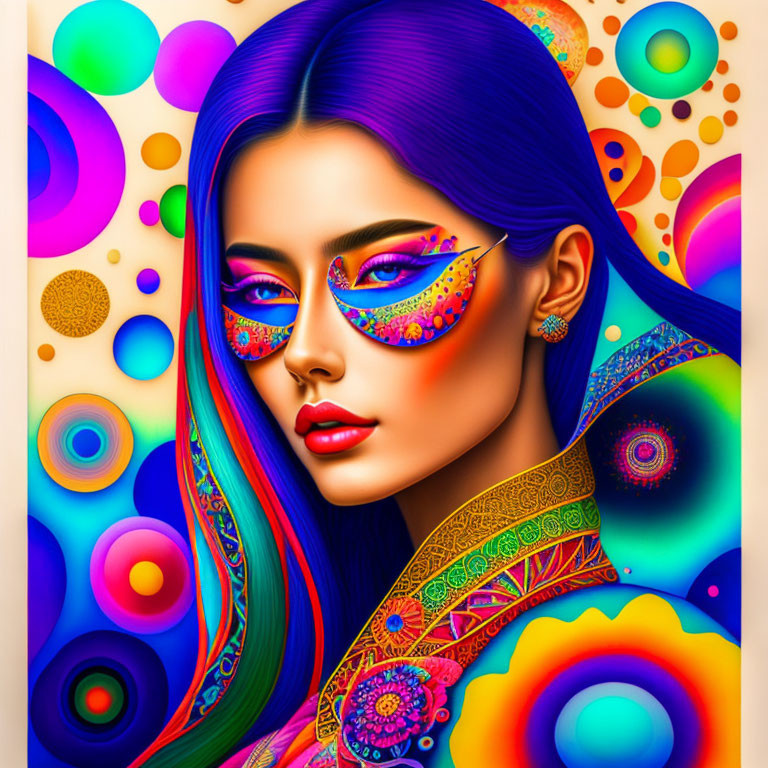 Colorful digital artwork: Woman with blue hair and vibrant makeup in psychedelic background.