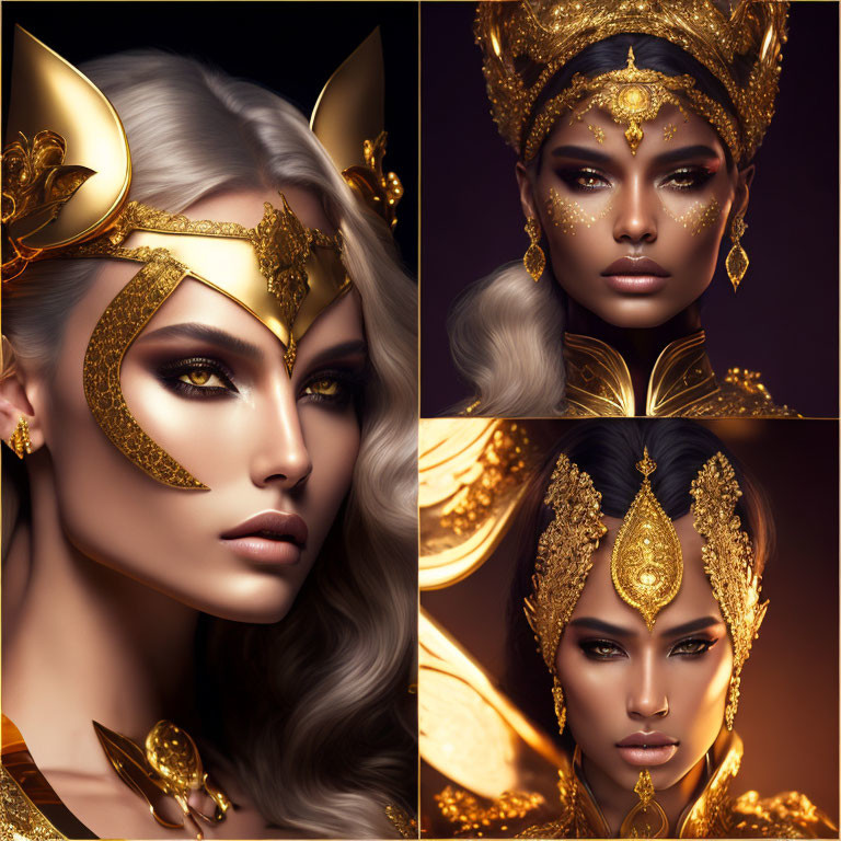 Fantasy makeup portraits of women with gold headpieces