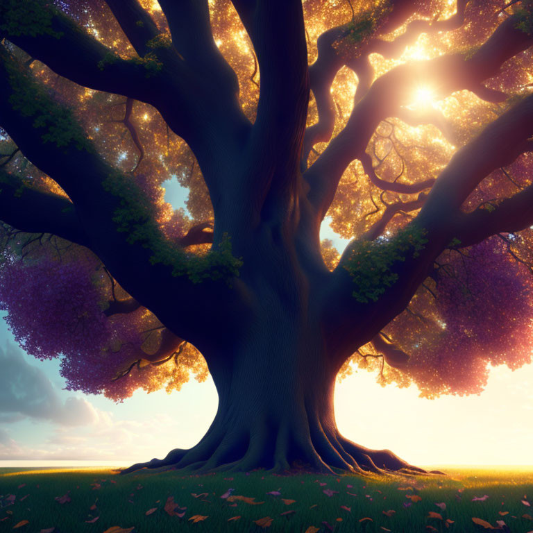 Majestic tree with thick trunk and vibrant foliage under sunny sky