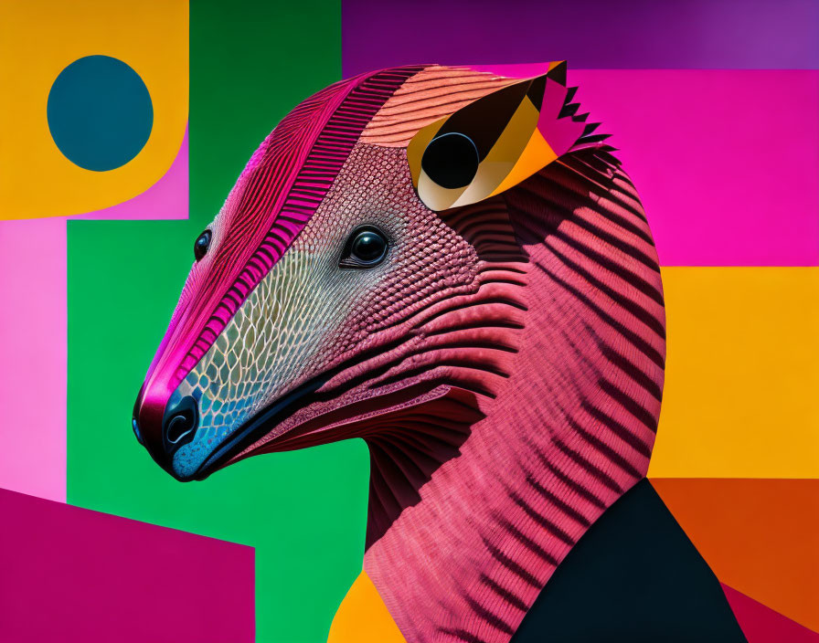 Colorful Armadillo Head Sculpture with Geometric Pattern on Vibrant Background