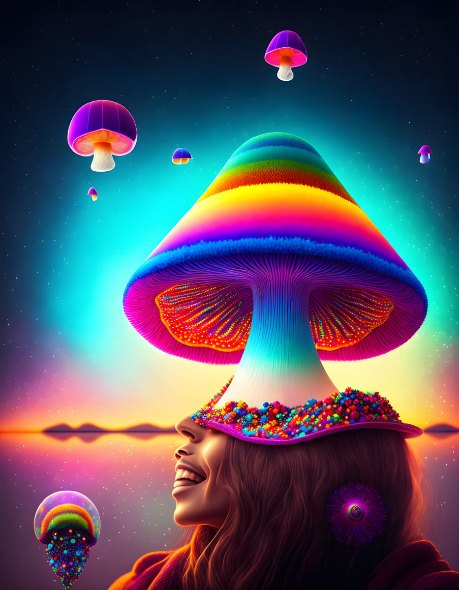 Colorful woman with psychedelic mushroom hat in vibrant landscape