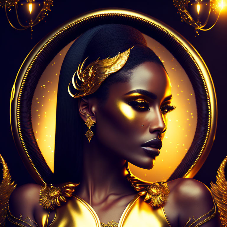 Golden-skinned woman with gold jewelry and halo headpiece on dark background.