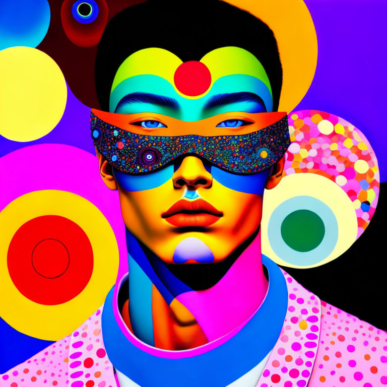 Colorful portrait with patterned blindfold in abstract background