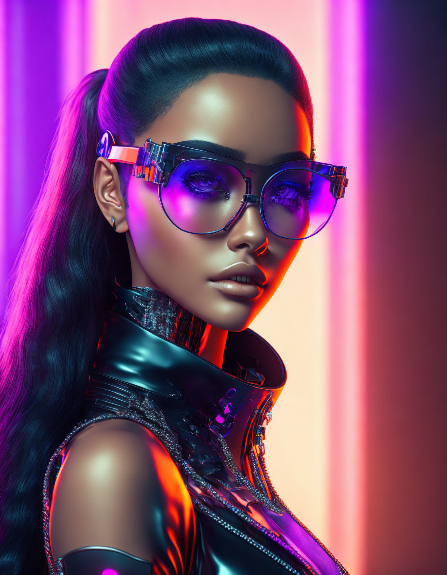 Fashionable woman with sleek hair in sunglasses on neon-lit backdrop