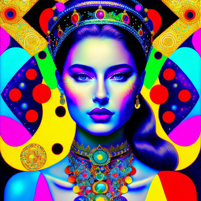 Colorful digital artwork of a woman with intricate headdress and jewelry