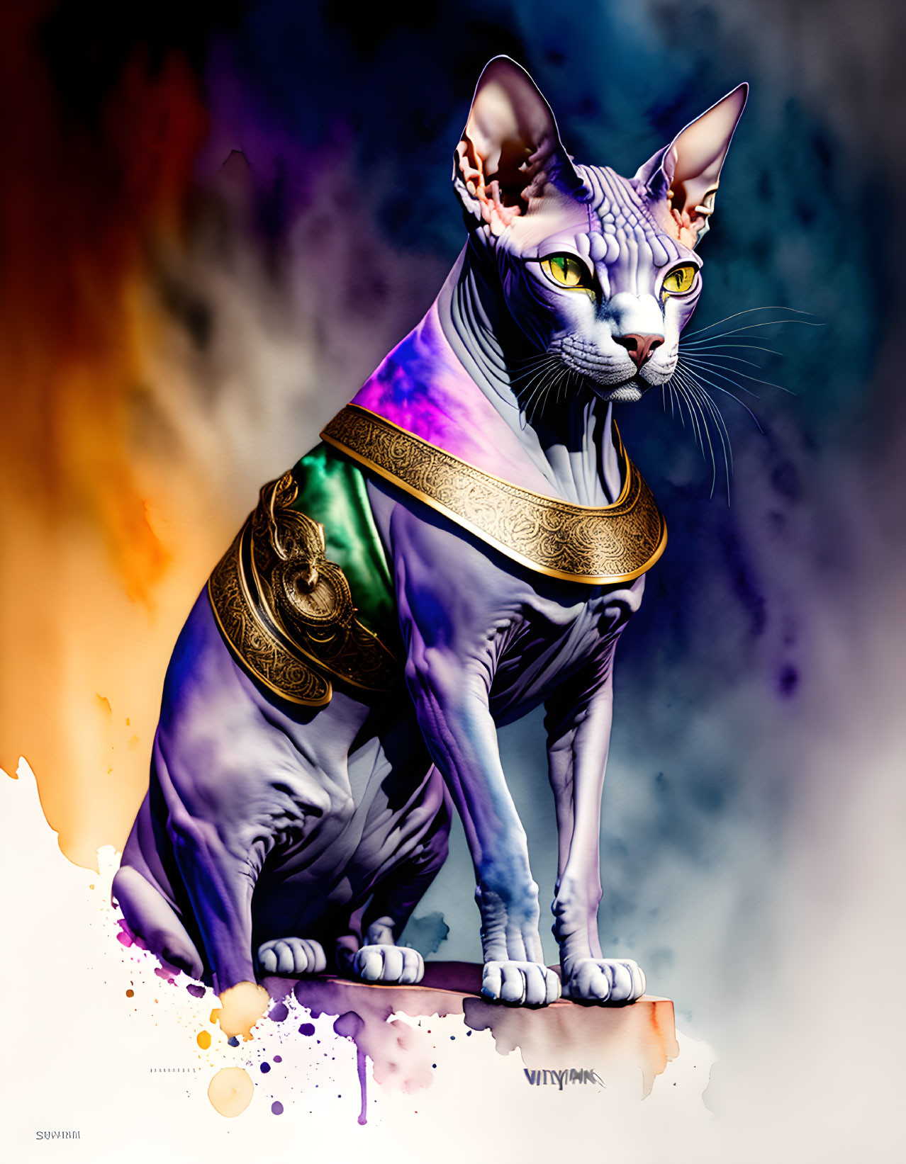 Sphynx Cat Artwork: Yellow-eyed feline in purple cloak on colorful backdrop