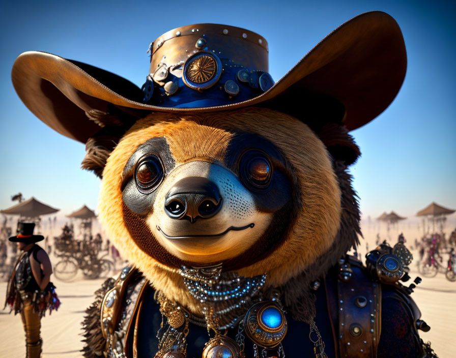 Steampunk-themed anthropomorphic sloth with top hat and goggles at desert event