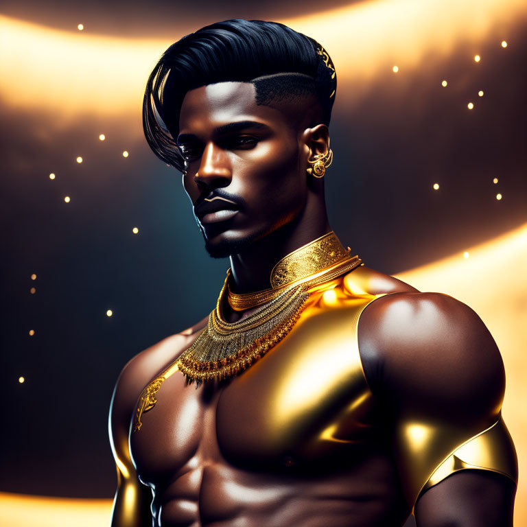 Muscular man with gold jewelry in warm lighting and sparkling background