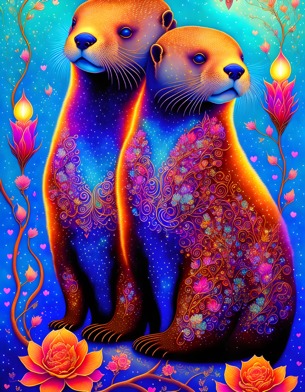 Vibrantly colored otters with floral patterns on starry background