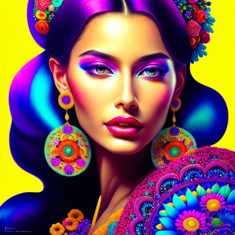 Colorful digital artwork: Woman with blue hair, adorned with flowers and jewelry on yellow background