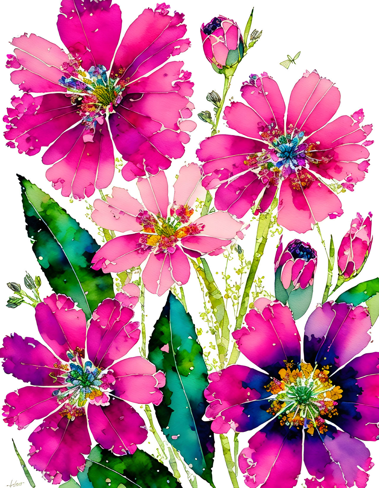 Colorful Watercolor Painting of Pink Flowers in Full Bloom