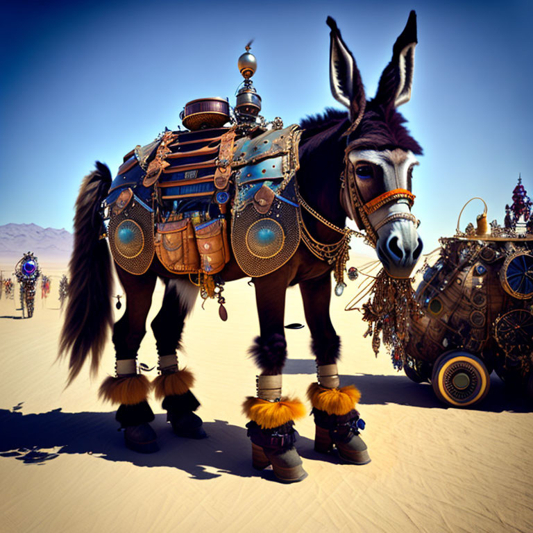 Steampunk-themed donkey with ornate attire in desert landscape