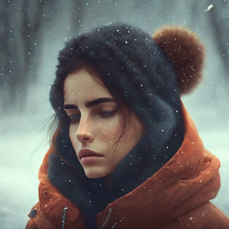 Woman in winter hat and orange coat gazes contemplatively in snowfall