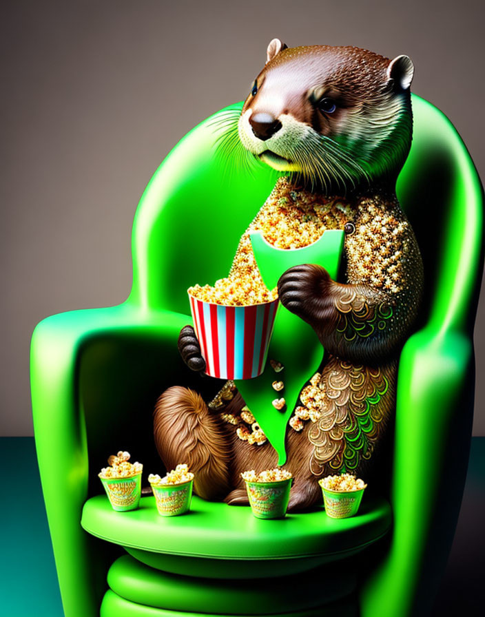 Otter enjoying popcorn in green armchair illustration