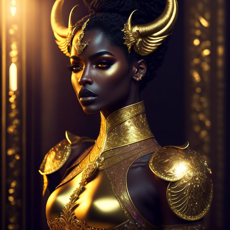 Regal woman with golden horns in ornate armor against dark backdrop