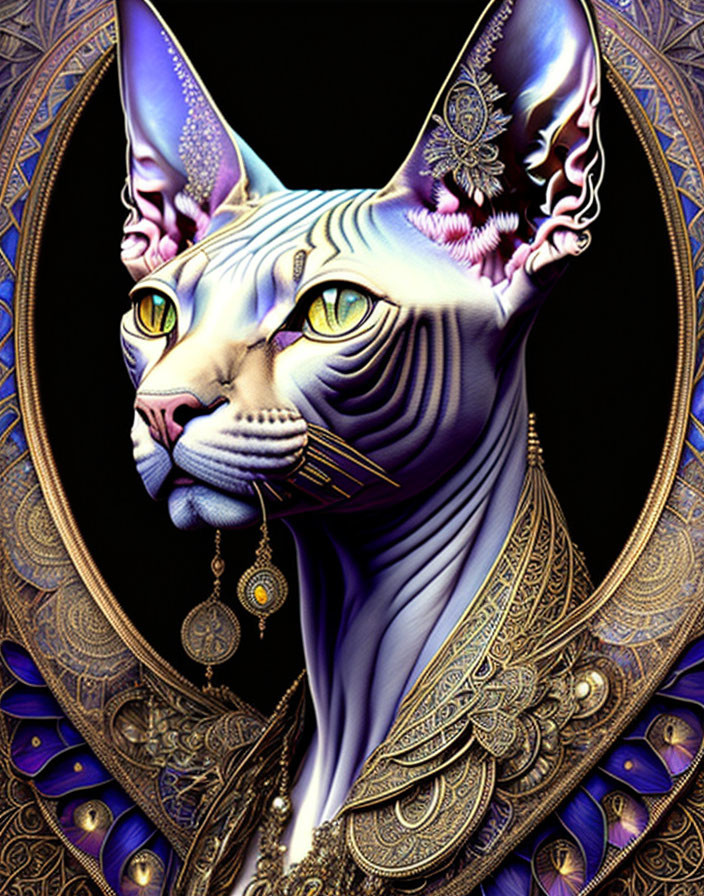 Stylized digital artwork of a Sphynx cat with gold and purple jewelry against ornate