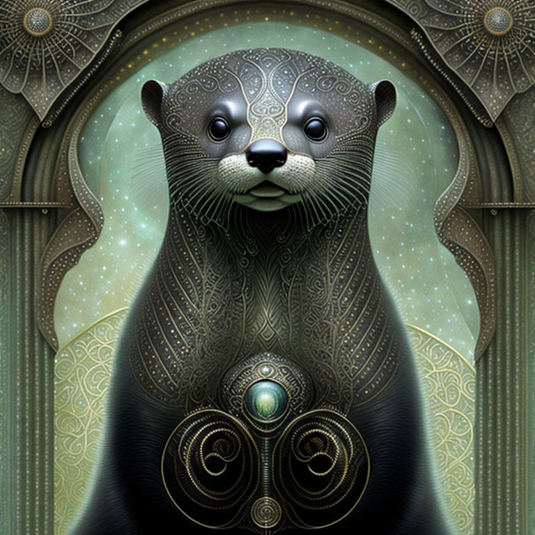 Illustrated otter with intricate fur patterns holding a gem on art nouveau background