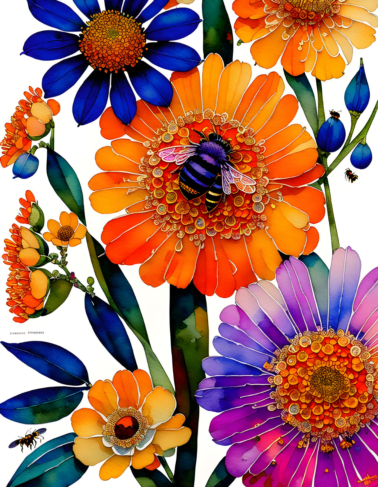 Vibrant Flowers Illustration with Bees Pollinating