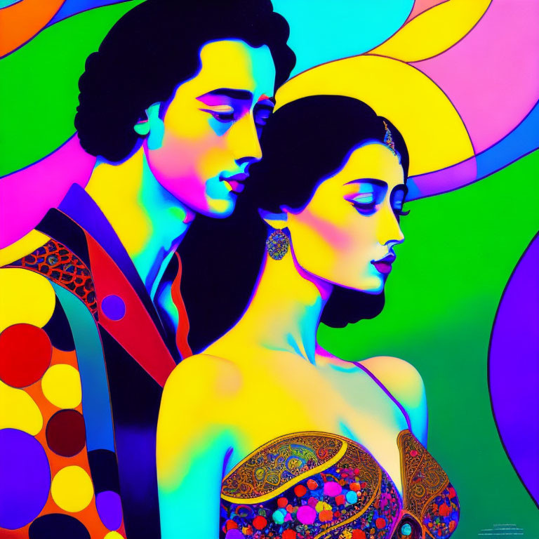 Colorful Pop Art Style Illustration of Man and Woman in Psychedelic Background