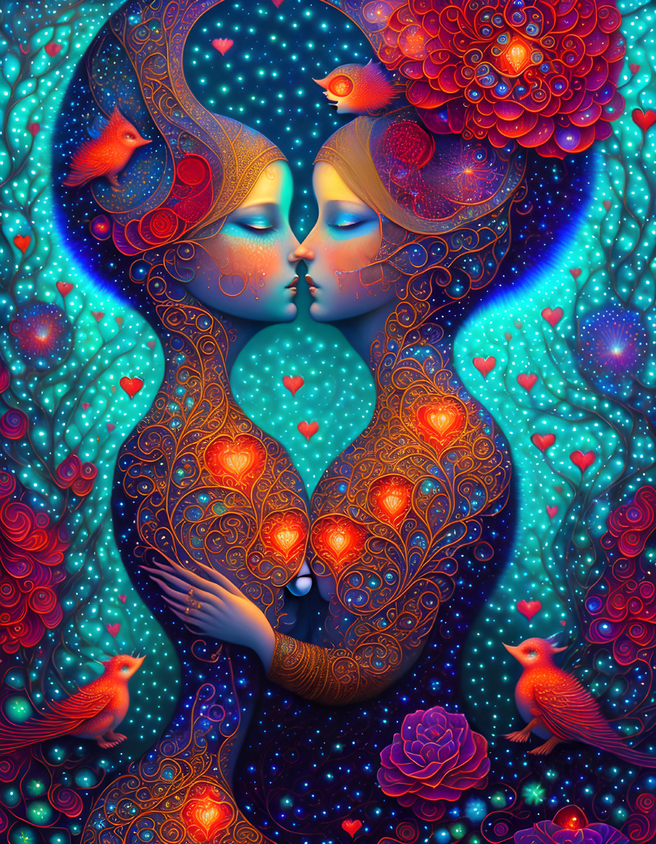 Colorful digital artwork: Two figures touching noses surrounded by birds, hearts, and flowers in cosmic setting