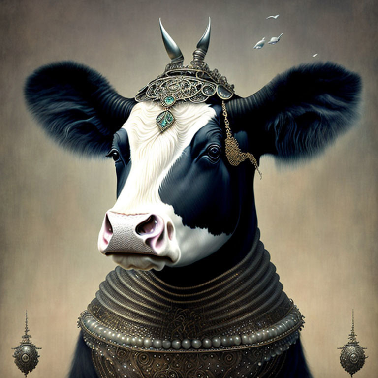 Digital artwork: Cow with human-like features in ornate headdress and armor, surreal vintage backdrop,