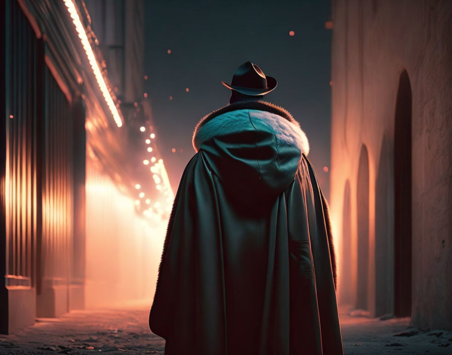 Mysterious Figure in Cape and Hat in Dimly Lit Alley with Sparks