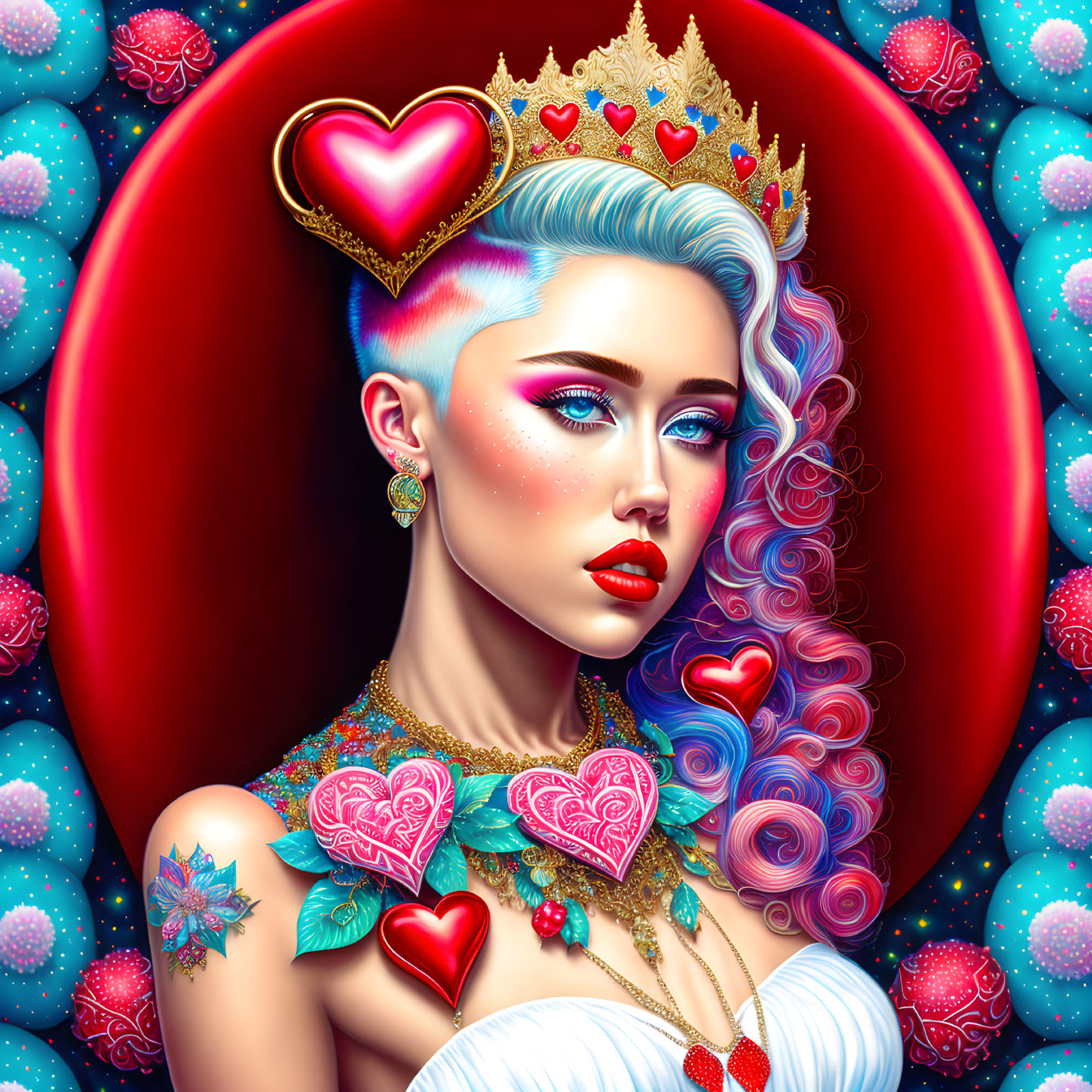 Vibrant Blue Hair Woman with Crown and Tattoos Portrait