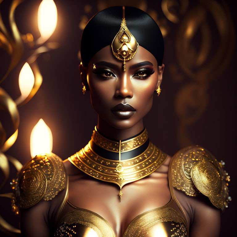 Woman adorned in regal makeup and golden jewelry in candlelit setting