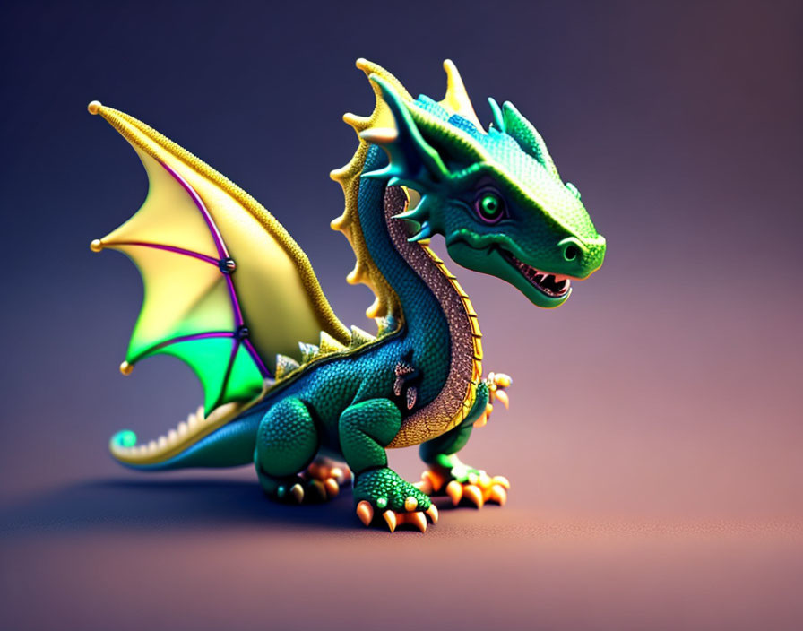 Colorful 3D illustration of a friendly green dragon with large eyes and horns on a purple background