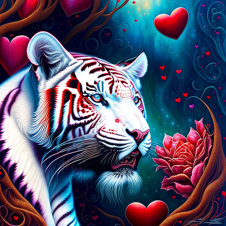 Digital Art: White Tiger with Blue Eyes Surrounded by Red Hearts on Dark Blue Background