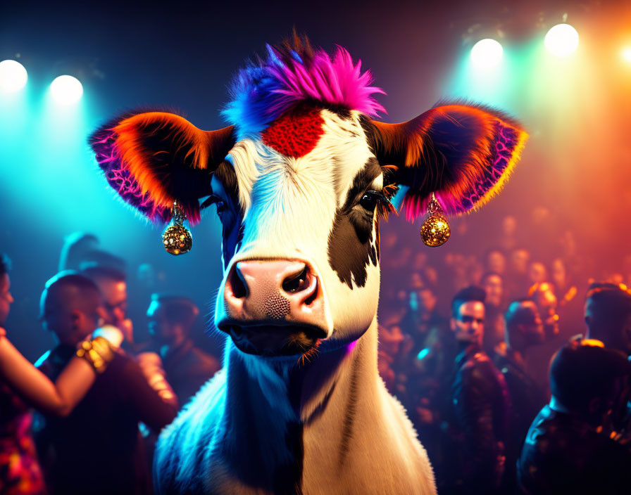 Cow with vibrant mohawk and earrings at a dance club partying under colorful lights