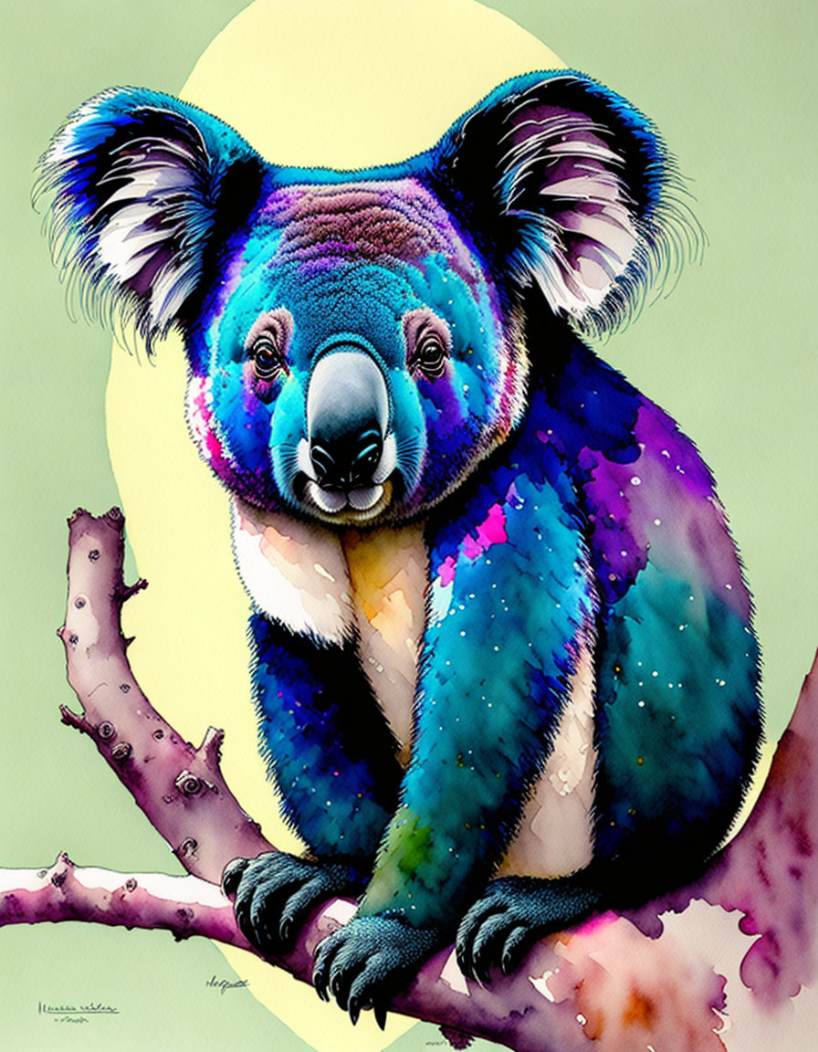 Colorful Koala Illustration on Branch with Blue and Purple Hues