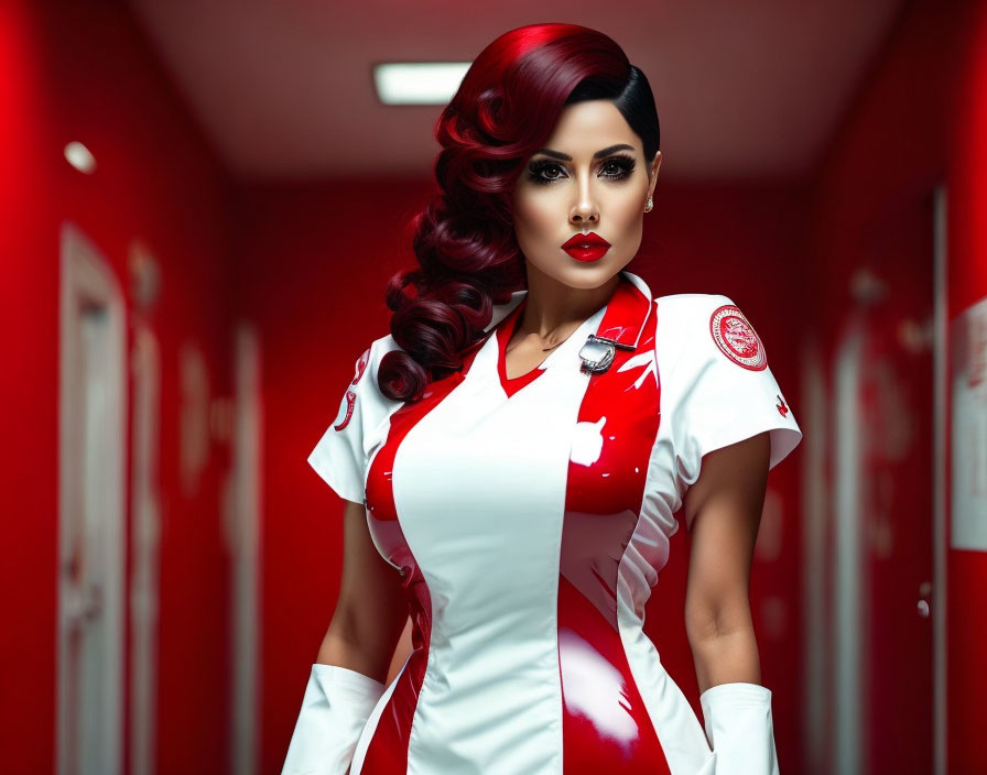 Stylized image of a confident woman in vintage nurse outfit in red hallway