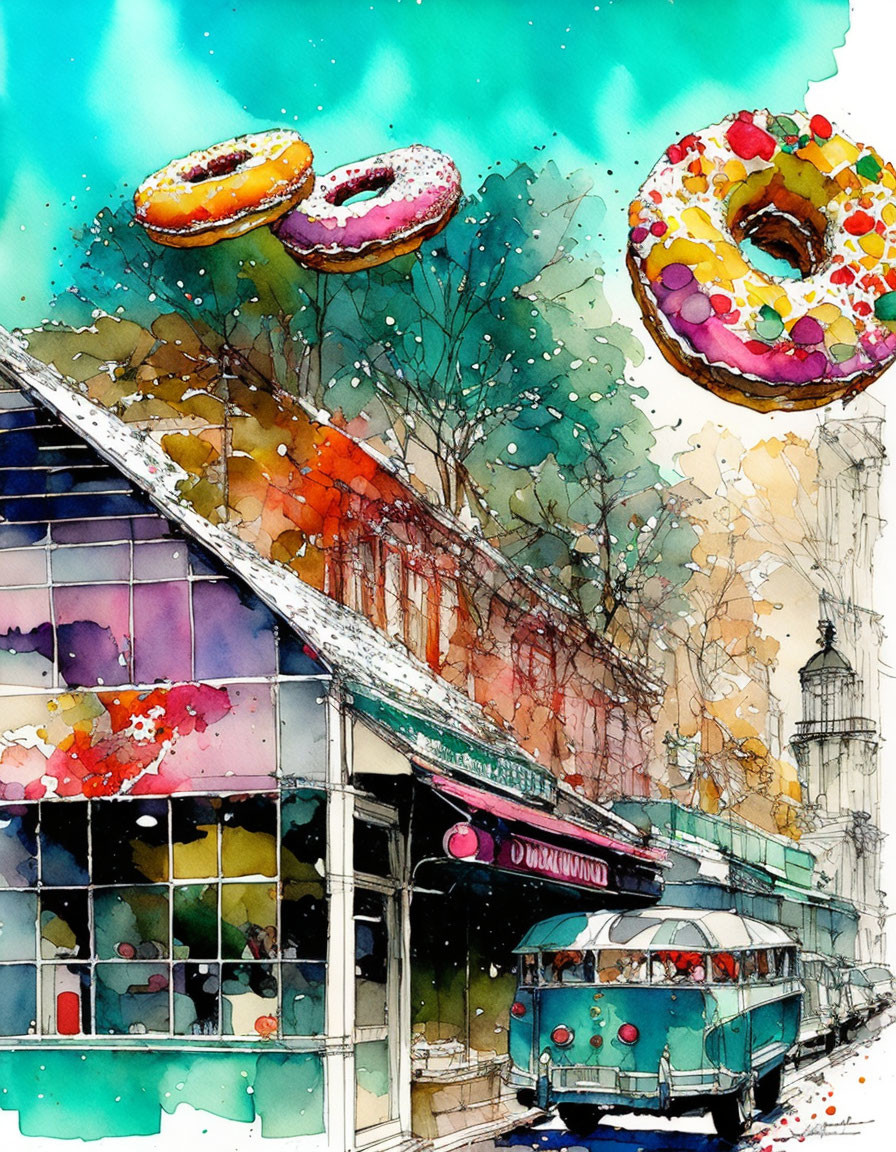 Colorful watercolor painting of city street with diner, tram, and floating doughnuts.