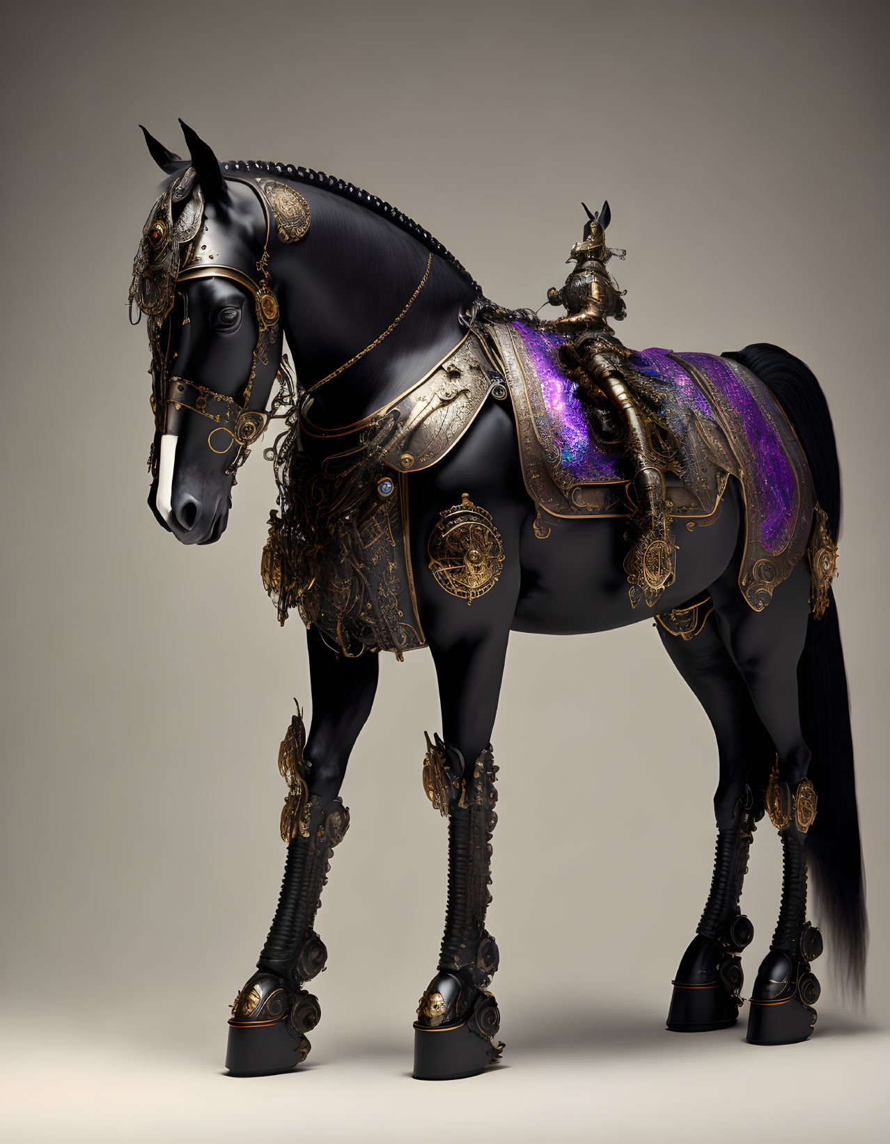 Majestic black horse in golden-trimmed armor on purple fabric.