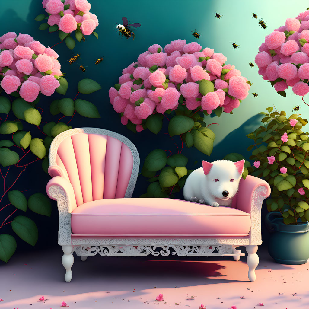 White Dog on Pink Sofa with Potted Plant and Hydrangeas