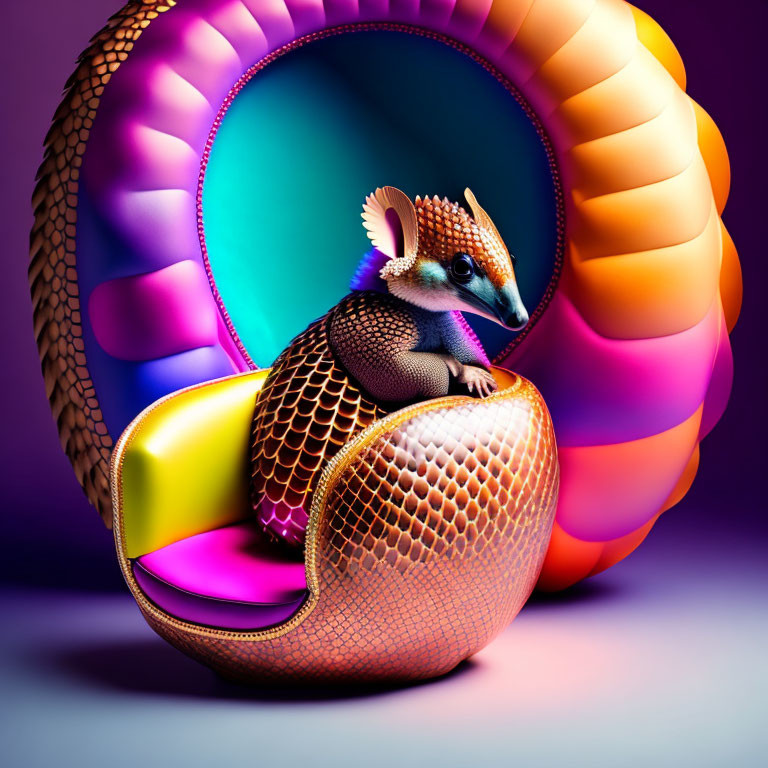 Colorful digital artwork: stylized armadillo with iridescent scales in vibrant shell.