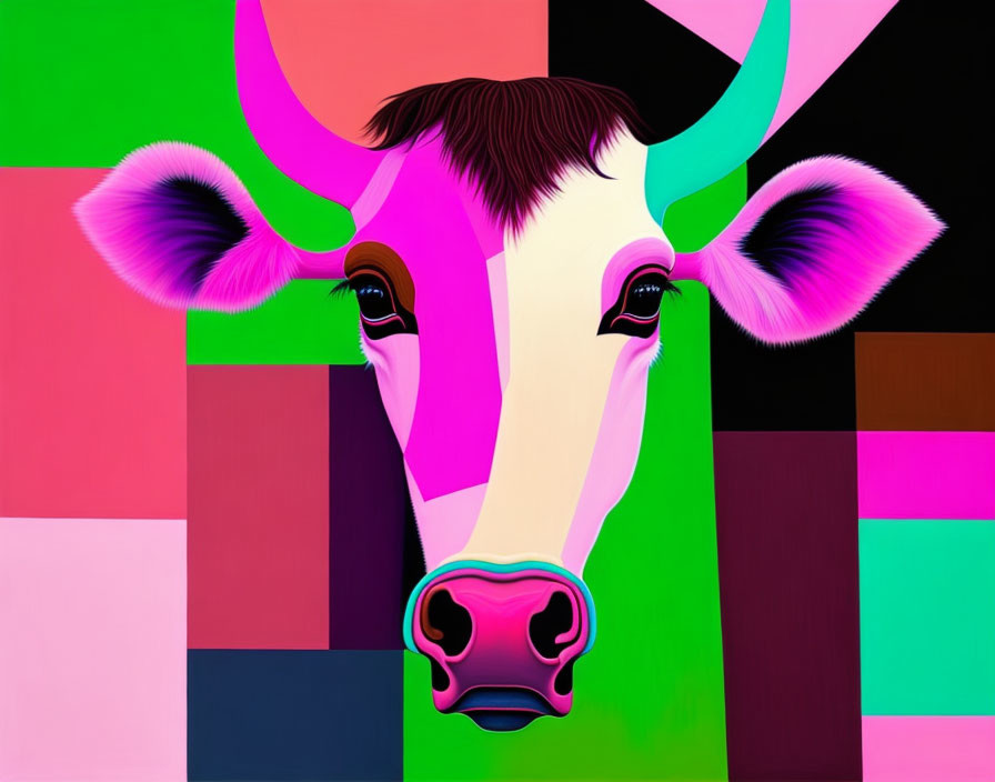 Colorful Stylized Cow Artwork with Pink Hues and Geometric Background