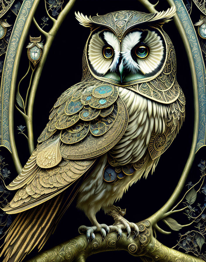 Detailed Owl Illustration with Ornate Feathers and Art Nouveau Design