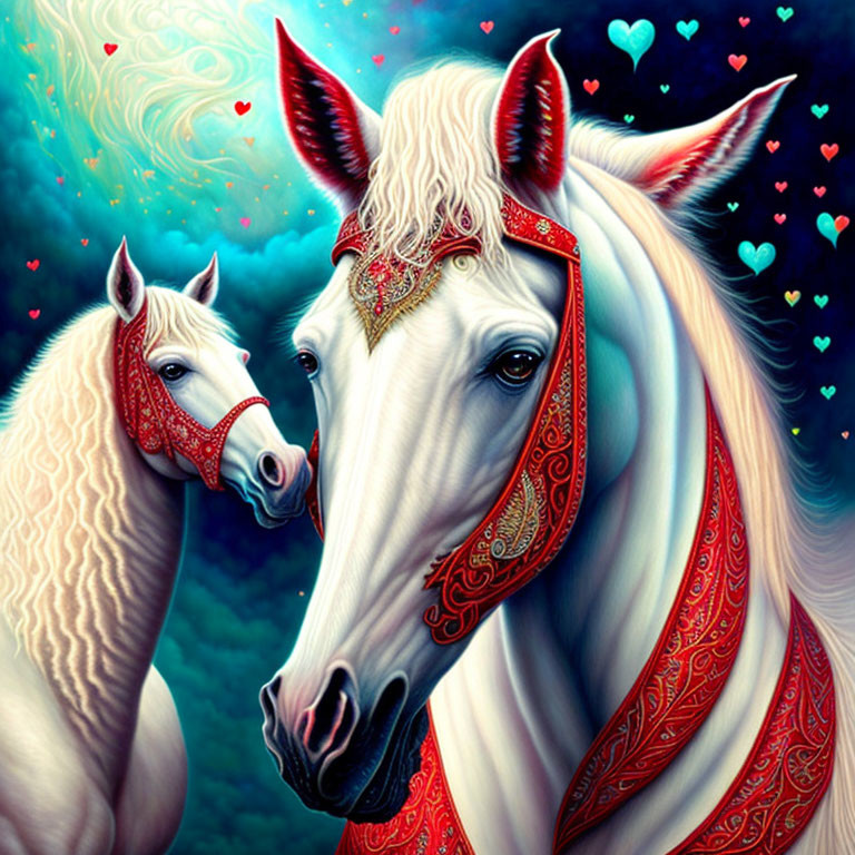 Digital Artwork: Two White Horses with Red and Gold Bridles in Colorful Heart Surroundings