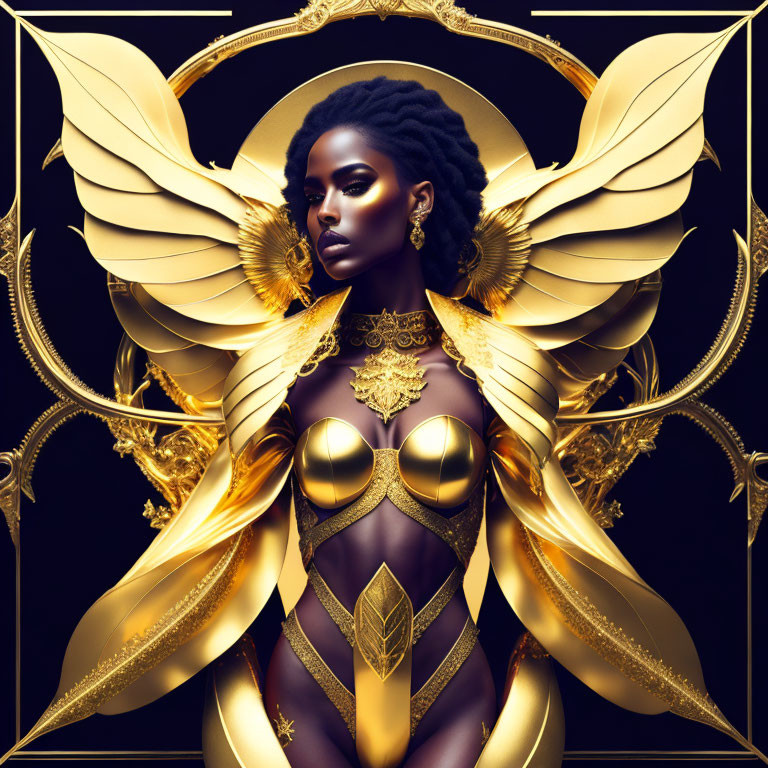 Majestic woman with golden wings and armor on dark background