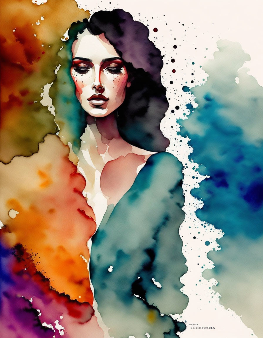 Vibrant Watercolor Painting of Woman with Blue, Orange, and Brown Hues